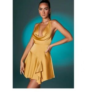 Oh Polly Cowl Neck Satin Yellow Gold Dress Womens Size 0